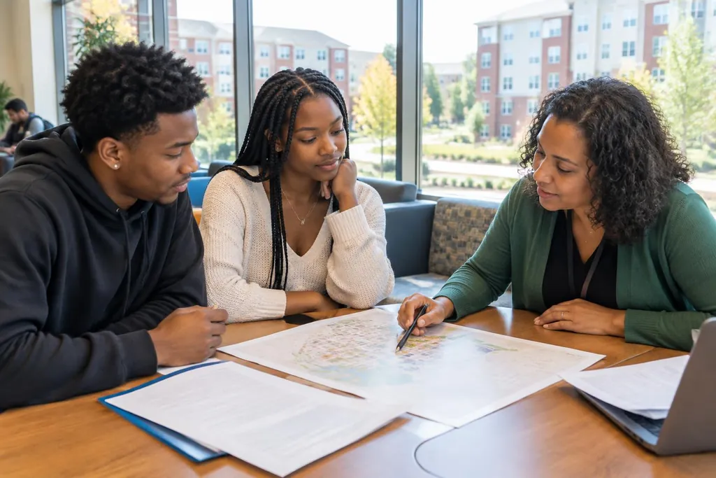 Illustrative housing research workshop with students and a housing adviser reviewing a campus map